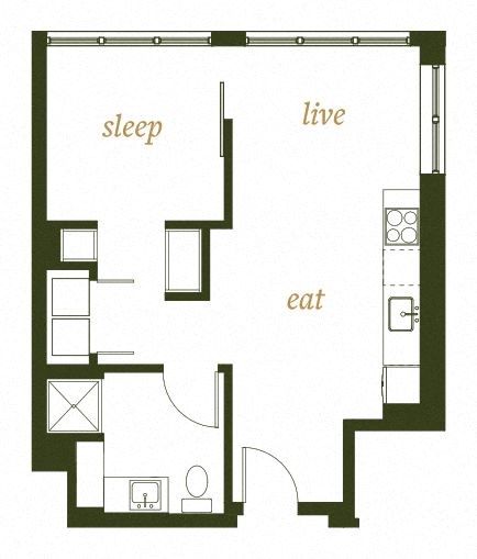 Floor plan for 1 bed, 1 bath, 542 sqft